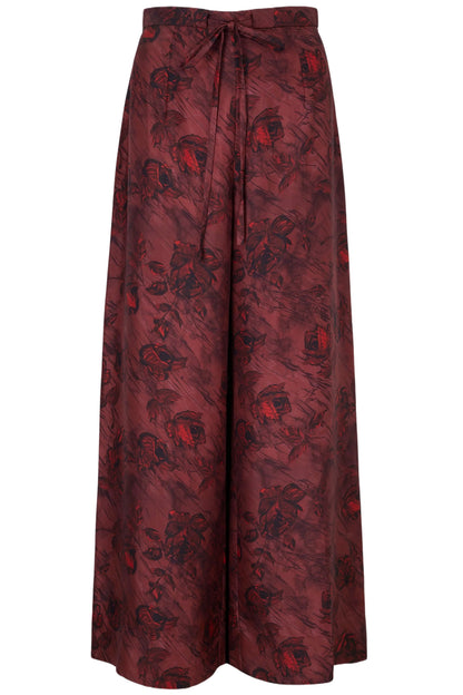 HEQET TROUSERS IN RED ROSES ON MARBLE PRINT SILK TWILL