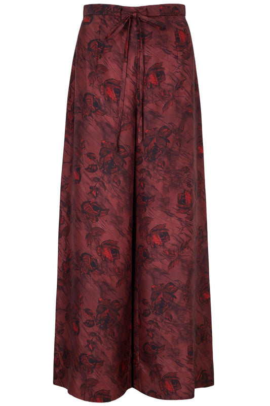 HEQET TROUSERS IN RED ROSES ON MARBLE PRINT SILK TWILL