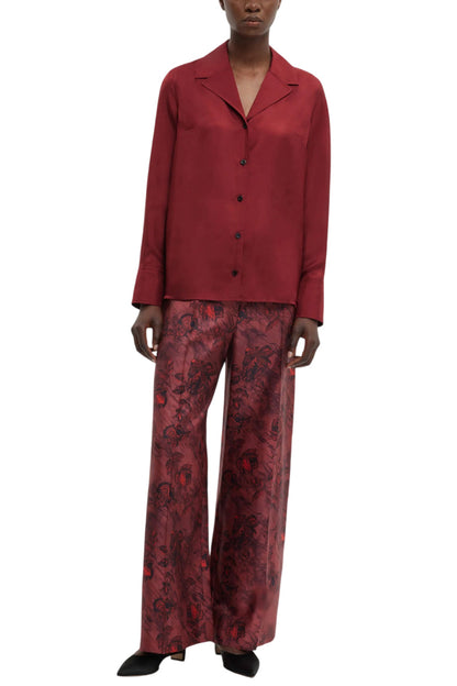 HEQET TROUSERS IN RED ROSES ON MARBLE PRINT SILK TWILL