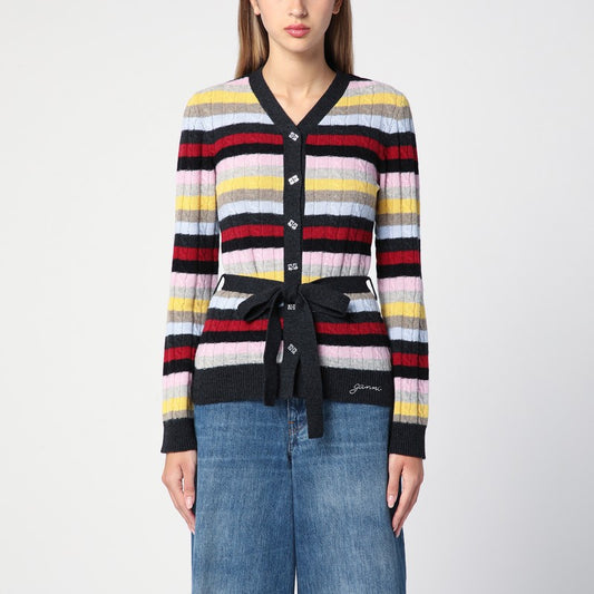 Multicoloured Striped Cardigan With Belt