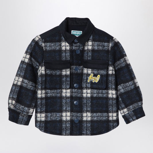 Navy Blue Chequered Shirt In Wool Blend