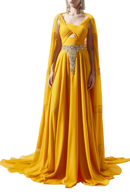 CUTOUT EMBELLISHED CAPE GOWN