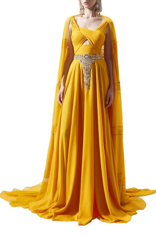 CUTOUT EMBELLISHED CAPE GOWN