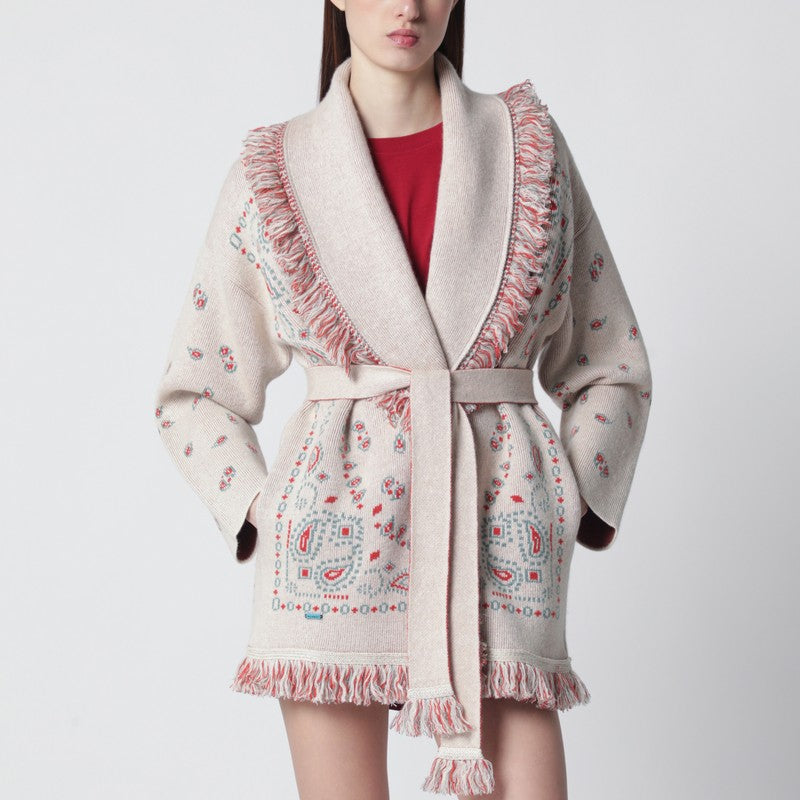 Beige/coral bandana jacquard cardigan