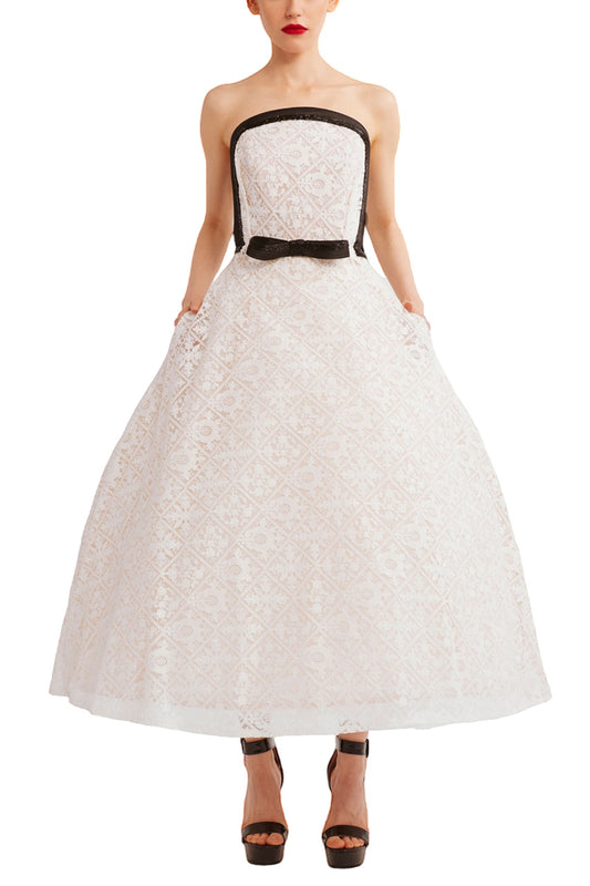LACE BALL DRESS WITH BLACK TRIM AND SIDE POCKETS