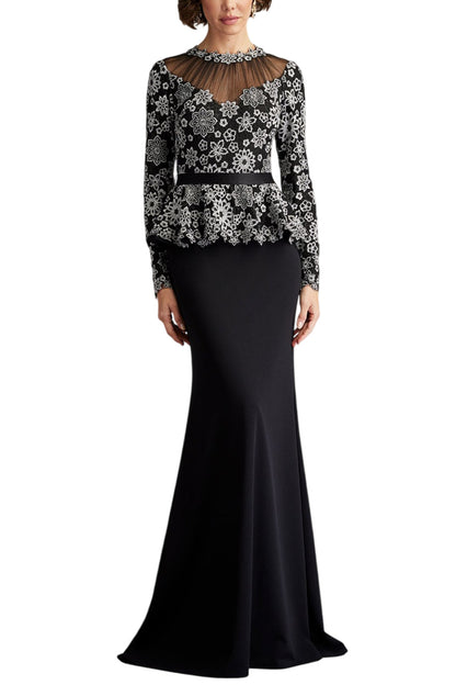 LATA EMBROIDERED BELTED PEPLUM GOWN