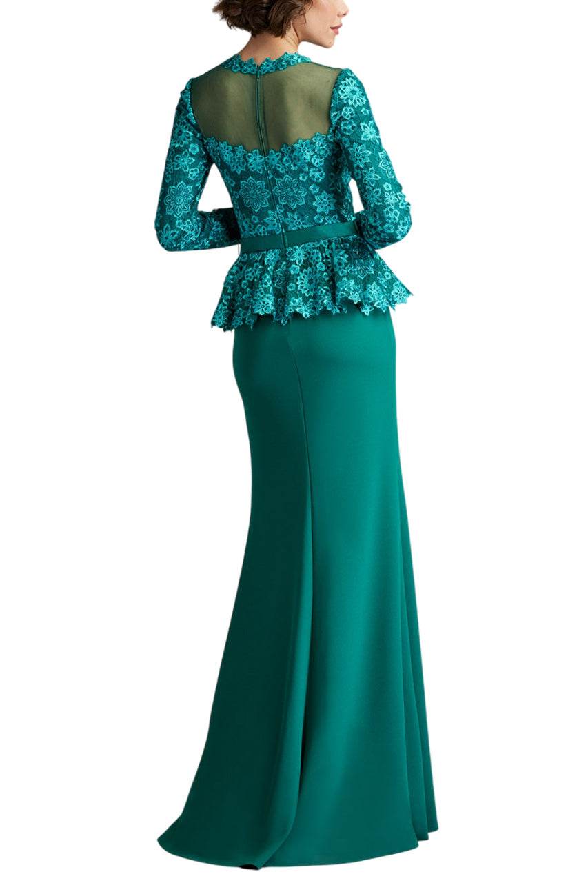LATA EMBROIDERED BELTED PEPLUM GOWN