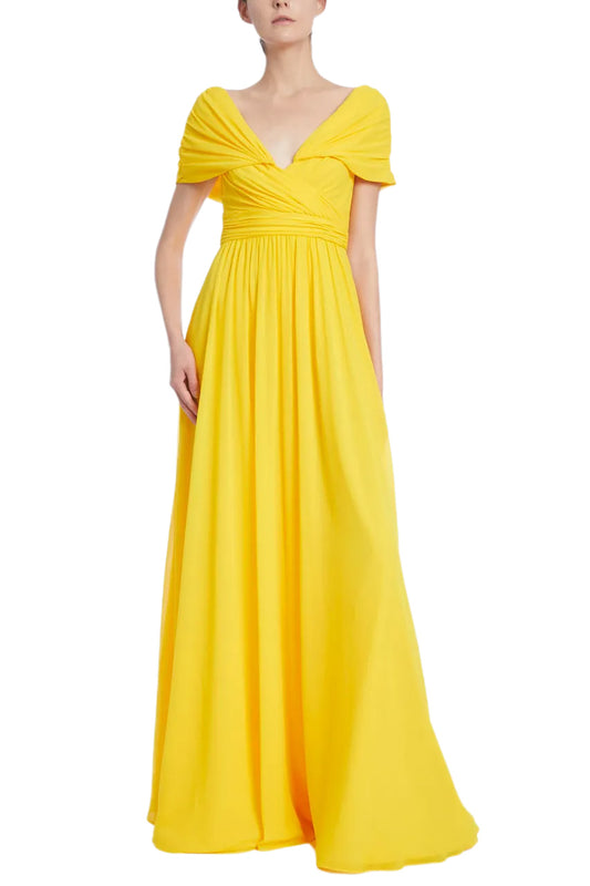 LEMON PLEATED EVENING GOWN WITH RUCHED BODICE
