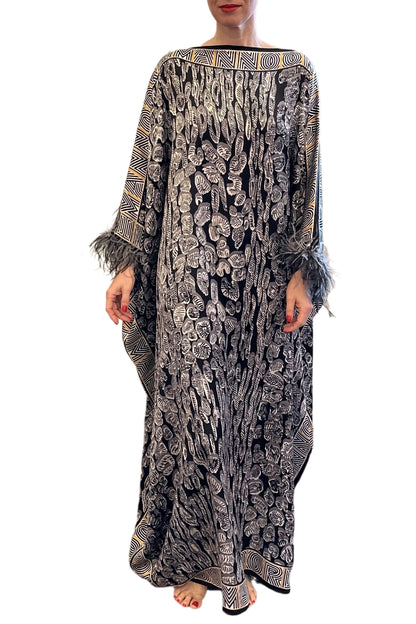 LEOPARD OF THE EAST CAFTAN WITH FEATHERED CUFFS