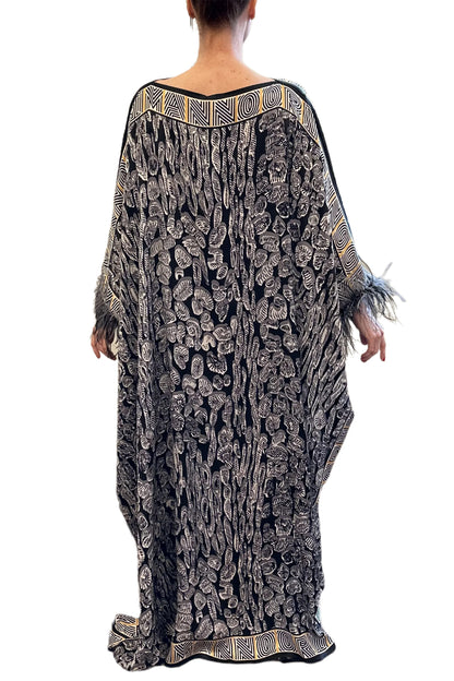 LEOPARD OF THE EAST CAFTAN WITH FEATHERED CUFFS