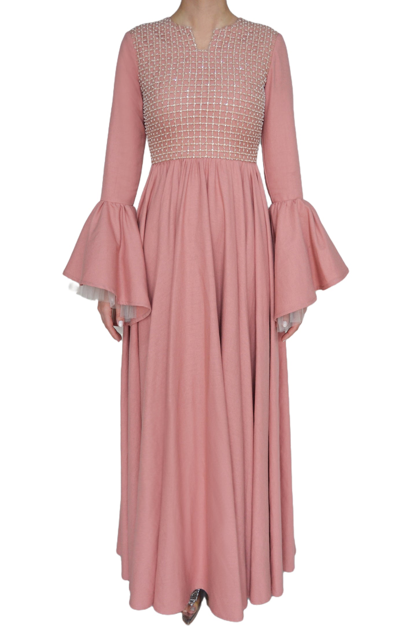 LINEN CAFTAN WITH GRID EMBROIDERY