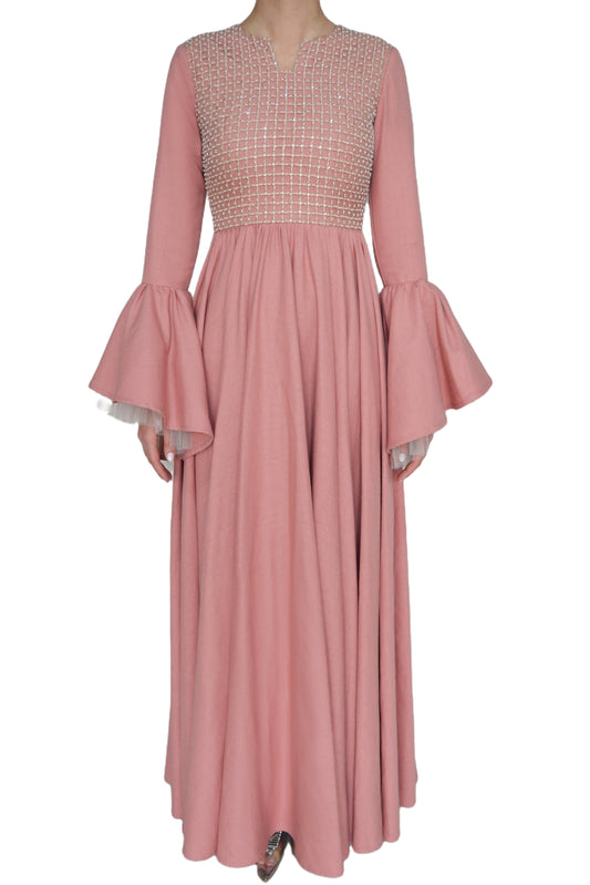 LINEN CAFTAN WITH GRID EMBROIDERY
