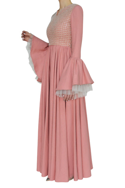 LINEN CAFTAN WITH GRID EMBROIDERY