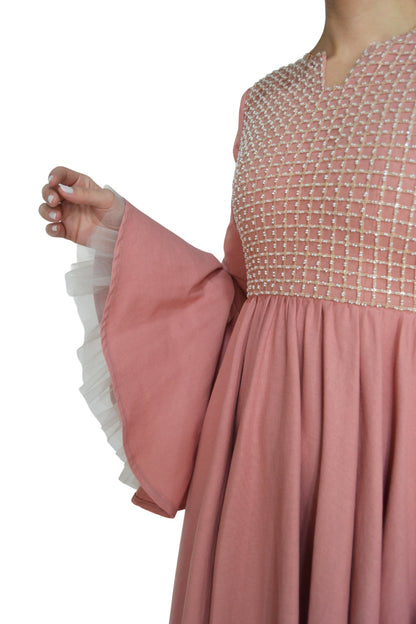 LINEN CAFTAN WITH GRID EMBROIDERY