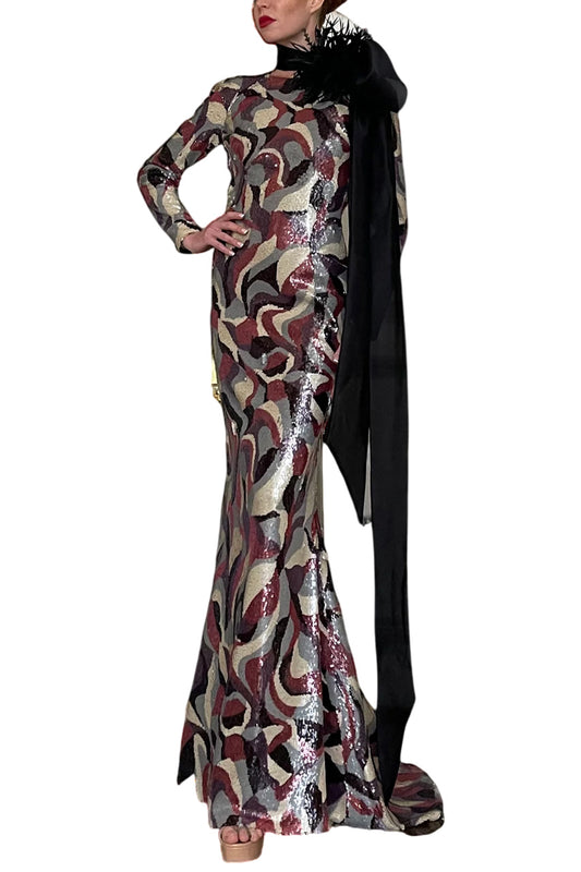 LONG-SLEEVED MERMAID DRESS WITH NECK BOW