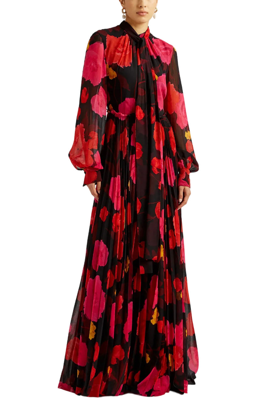LONG SLEEVE GOWN WITH PLEATED SKIRT