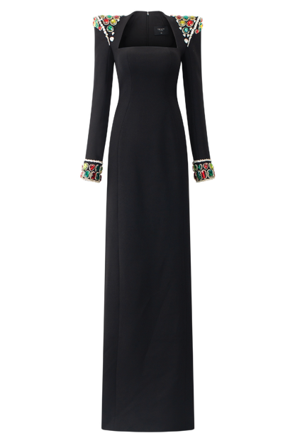 LONG SLEEVE STONE EMBELLISHED SHOULDER DRESS