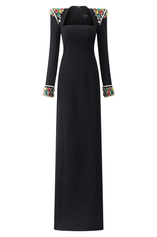 LONG SLEEVE STONE EMBELLISHED SHOULDER DRESS