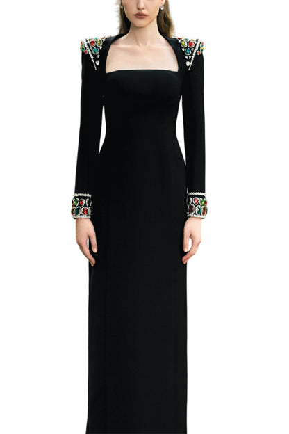 LONG SLEEVE STONE EMBELLISHED SHOULDER DRESS