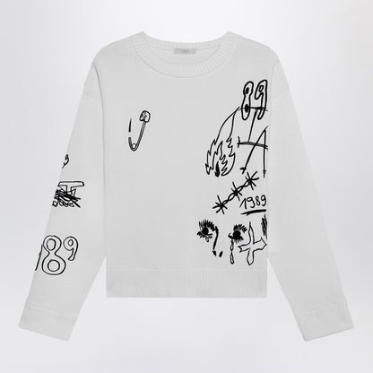 Embroidery Crop Knit Round Neck White