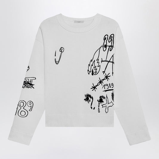 Embroidery Crop Knit Round Neck White