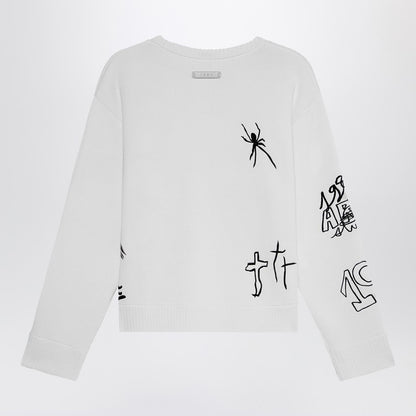 Embroidery Crop Knit Round Neck White