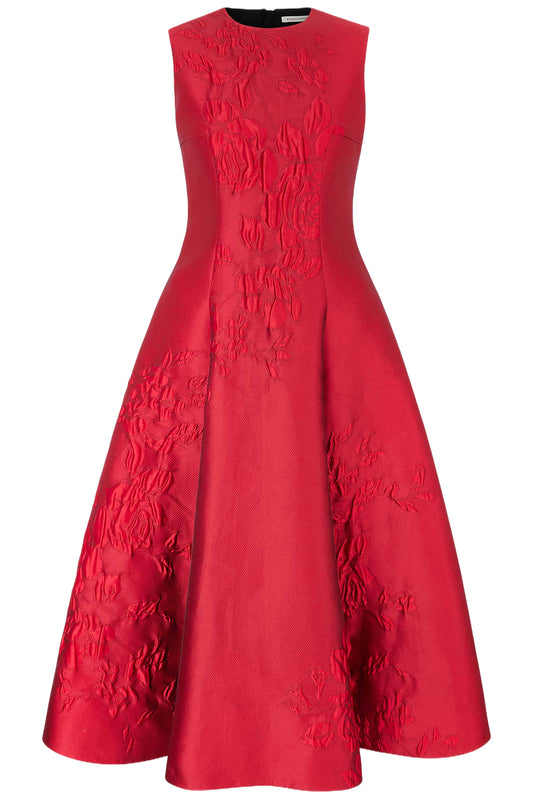 MARA DRESS IN RED GRAPHIC ROSE JACQUARD