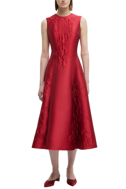 MARA DRESS IN RED GRAPHIC ROSE JACQUARD