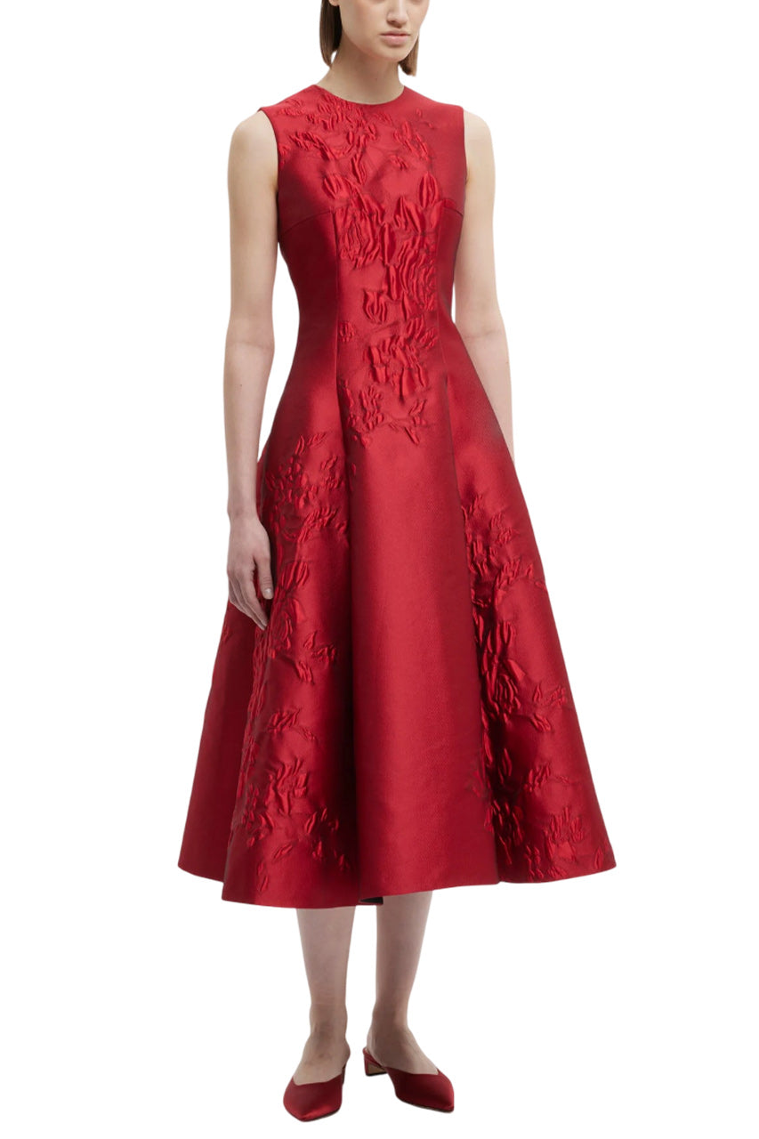 MARA DRESS IN RED GRAPHIC ROSE JACQUARD