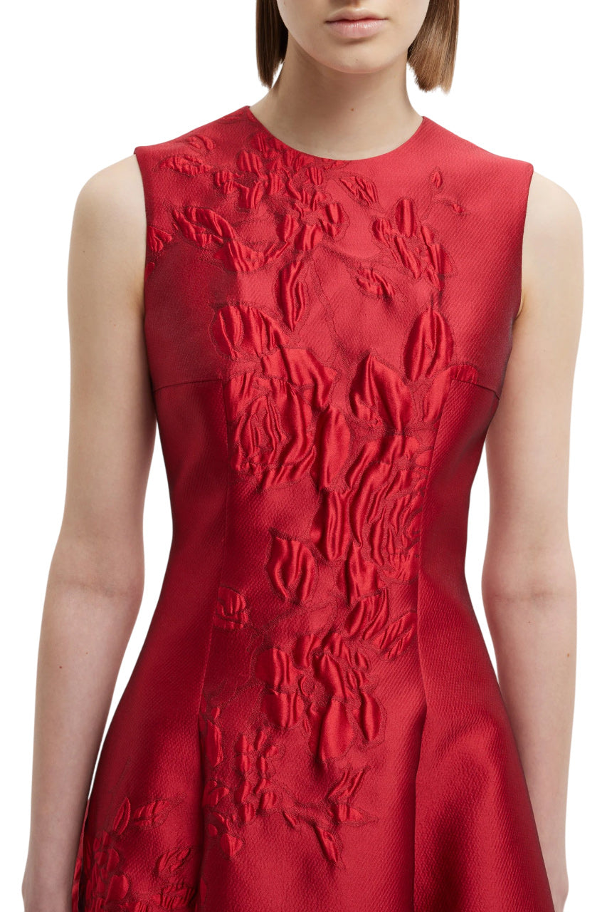MARA DRESS IN RED GRAPHIC ROSE JACQUARD