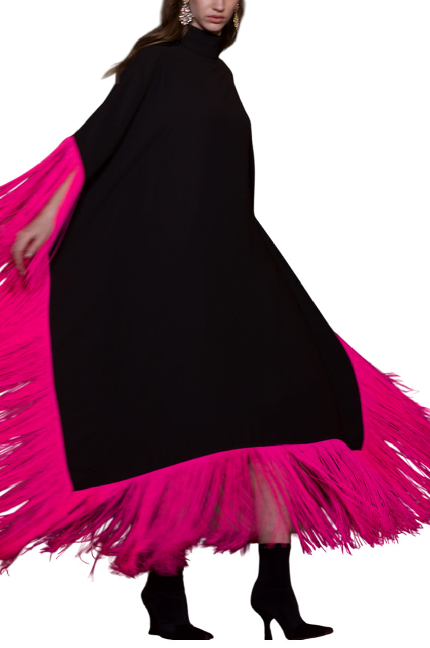 MAYA DRESS IN BROWN WITH FUCHSIA TASSELS