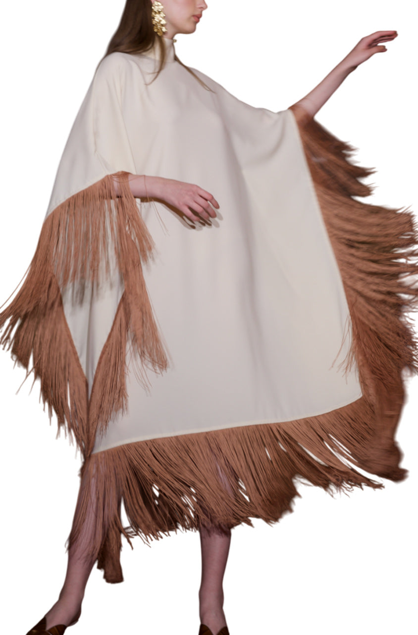 MAYA DRESS IN CREAM WITH BROWN TASSELS