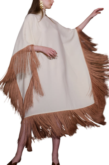 MAYA DRESS IN CREAM WITH BROWN TASSELS