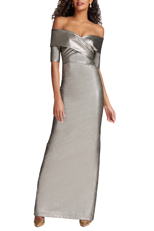 METALLIC JACQUARD OFF SHOULDER PORTRAIT GOWN