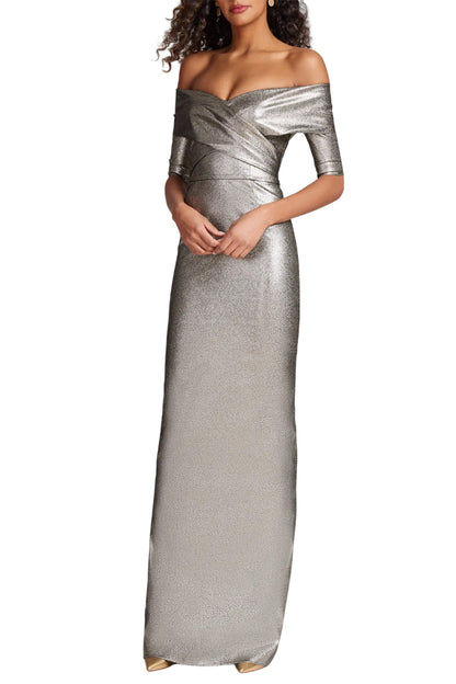 METALLIC JACQUARD OFF SHOULDER PORTRAIT GOWN
