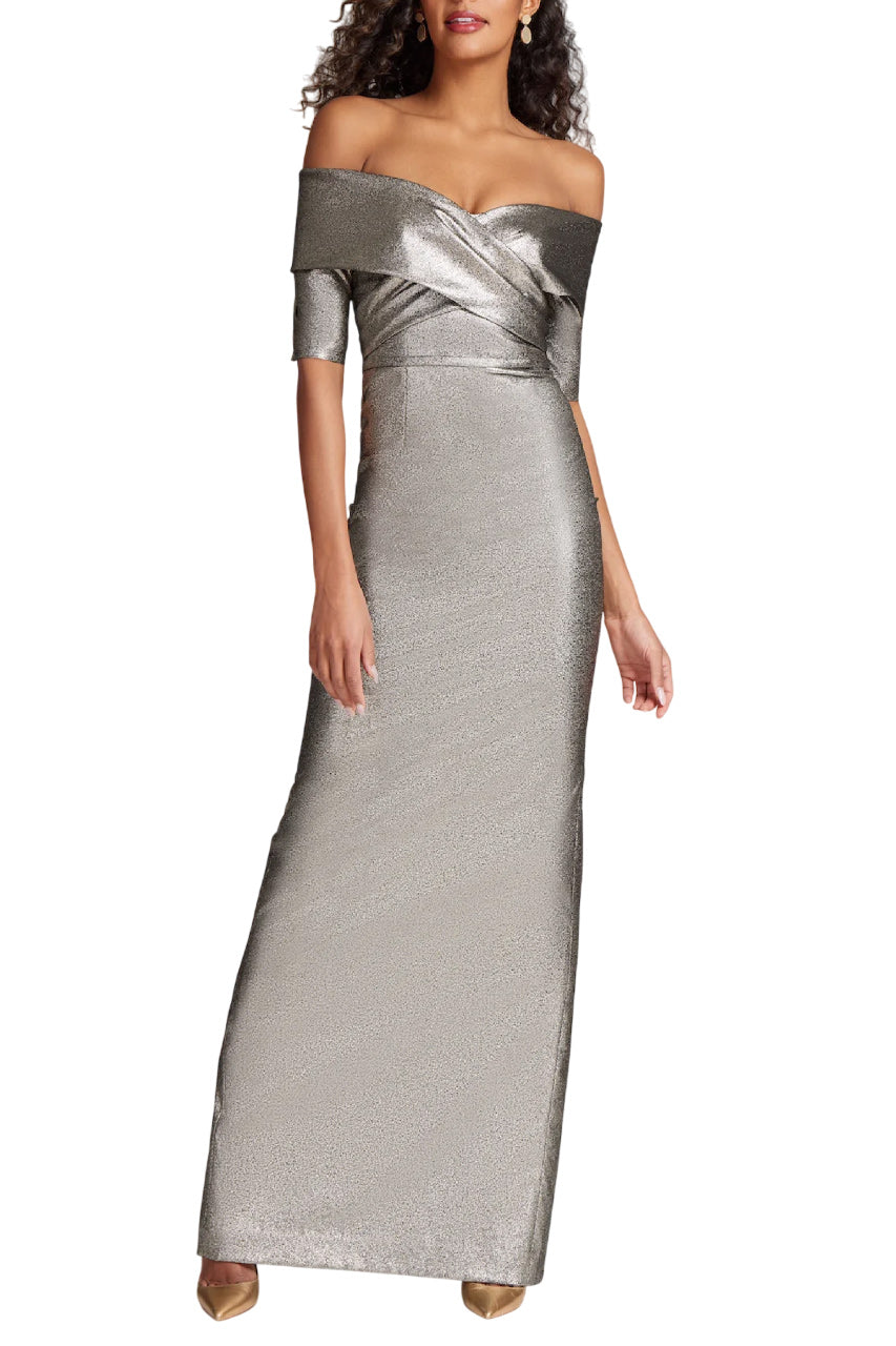 METALLIC JACQUARD OFF SHOULDER PORTRAIT GOWN