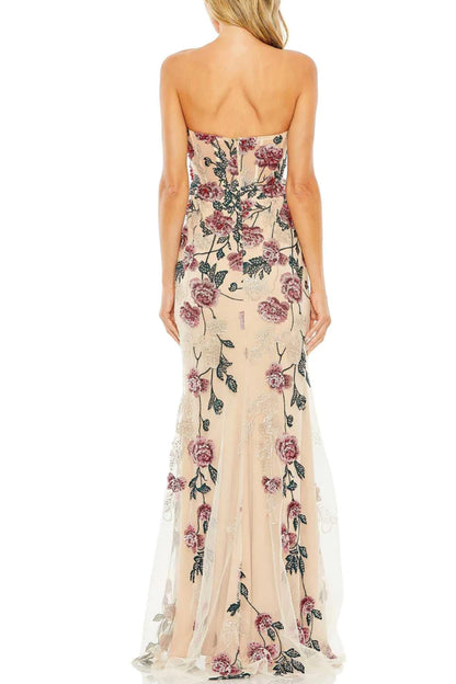 MULTICOLORED FLORAL-EMBOSSED STRAPLESS LONG GOWN