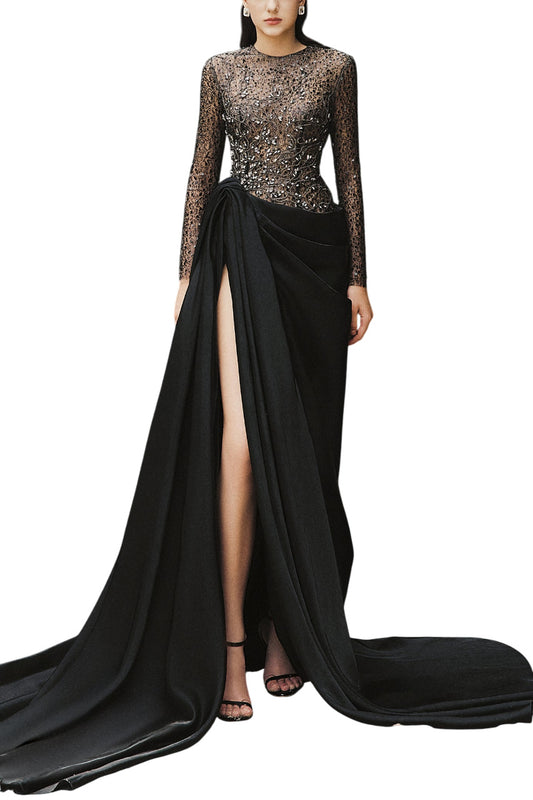 MYRA SLIT SEE-THROUGH TAFFETA EXTRA LONG LENGTH DRESS