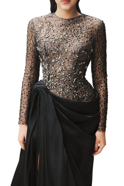 MYRA SLIT SEE-THROUGH TAFFETA EXTRA LONG LENGTH DRESS