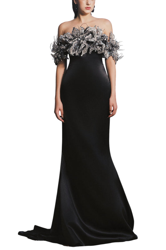 NICOLE TRUMPET OFF-SHOULDER SILK EXTRA LONG LENGTH DRESS