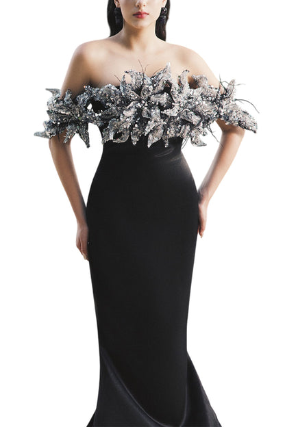 NICOLE TRUMPET OFF-SHOULDER SILK EXTRA LONG LENGTH DRESS