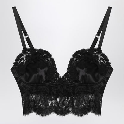 Black Bralette Top In Silk Satin And Lace