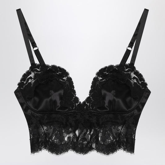 Black Bralette Top In Silk Satin And Lace