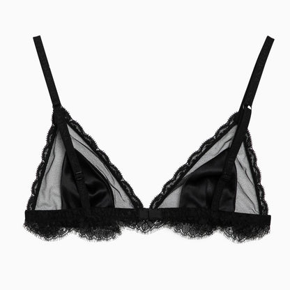 Black silk satin and lace bra