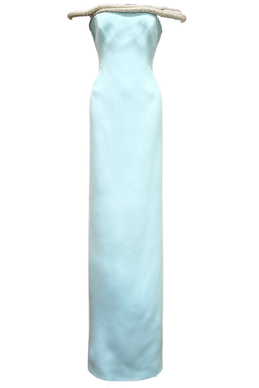 OFF-SHOULDER CREPE CRYSTALLIZED MAXI DRESS