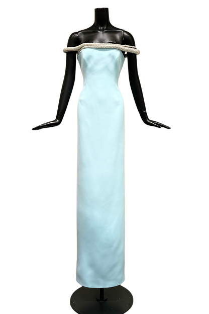 OFF-SHOULDER CREPE CRYSTALLIZED MAXI DRESS