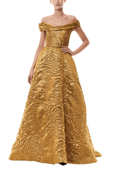 OFF-THE-SHOULDER GOLD JACQUARD BALLGOWN