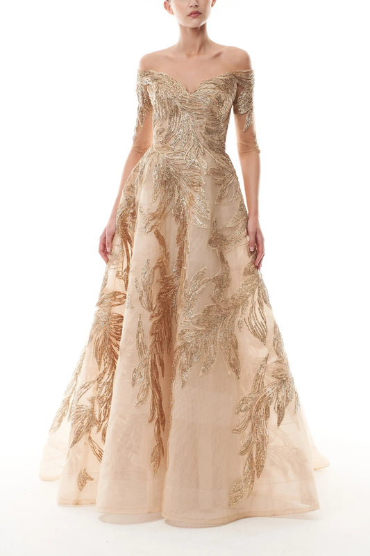 OFF-THE-SHOULDER ILLUSION SLEEVE BALLGOWN