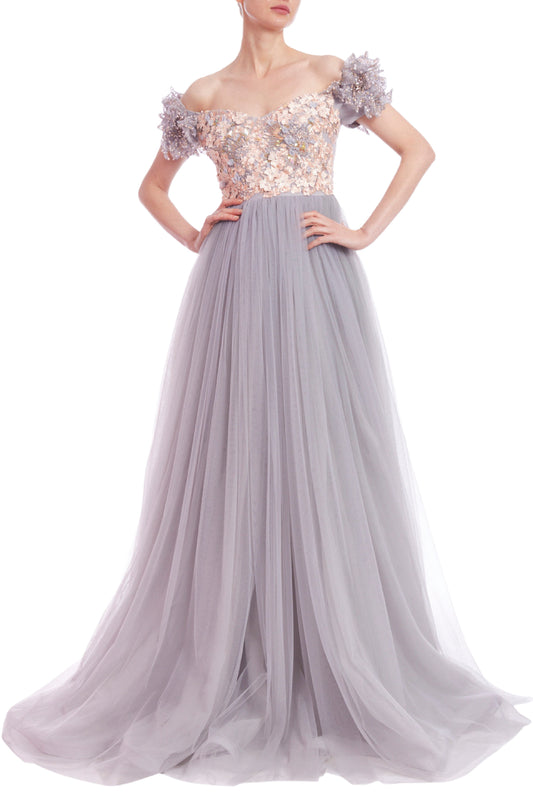OFF-THE-SHOULDER EMBELLISHED BODICE EMPIRE GOWN