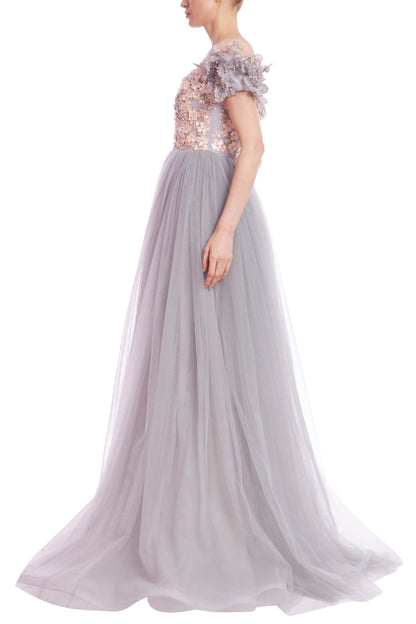 OFF-THE-SHOULDER EMBELLISHED BODICE EMPIRE GOWN